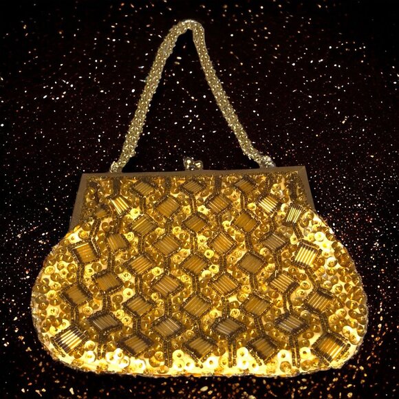 VTG La Regale Gold Beaded Clutch Evening Purse Kiss Clasp Hand Made in Hong Kong - Picture 1 of 11